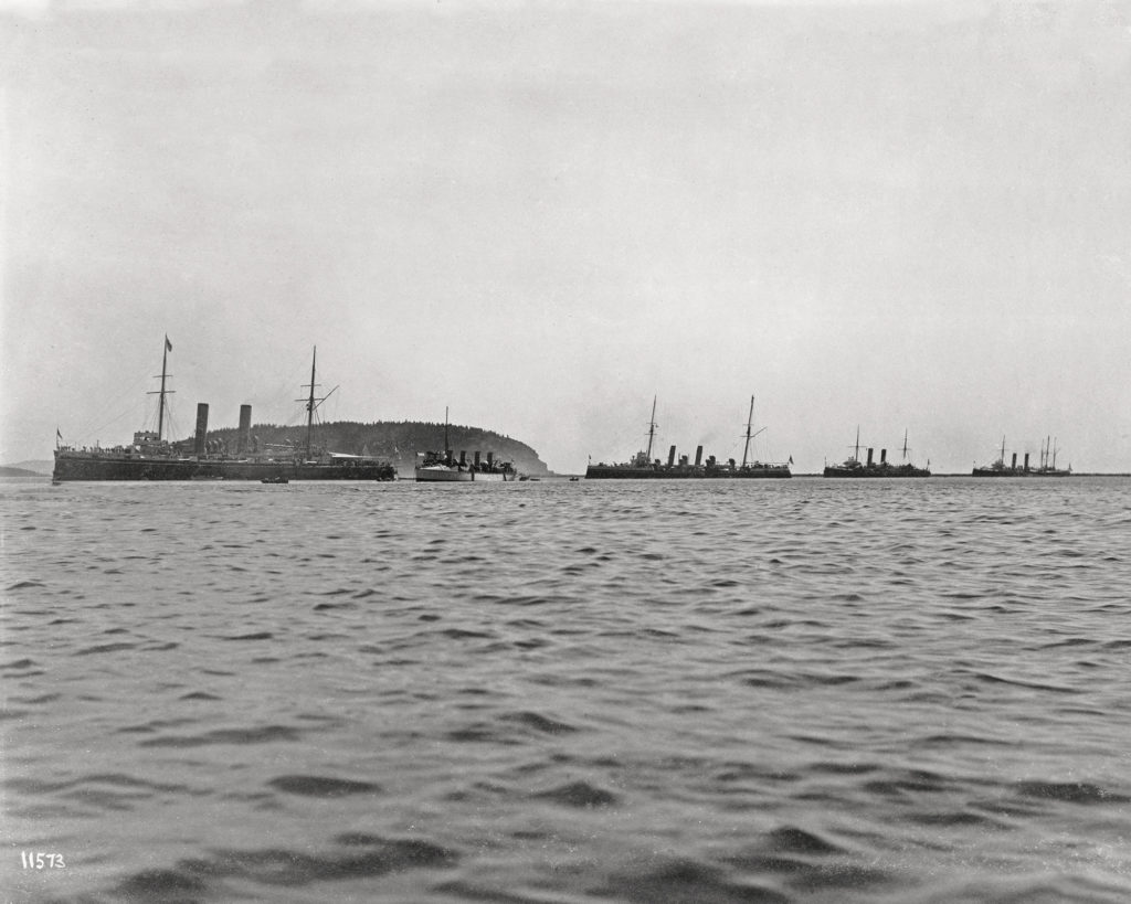 Historic image of British Naval Vessels in Bar Harbor. Courtesy of Historic New England.