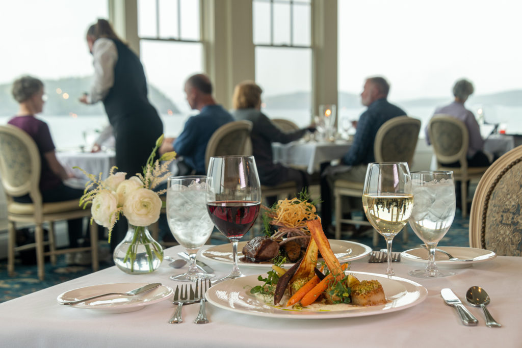 Photo of the interior of the Reading Room Restaurant at the Bar Harbor Inn