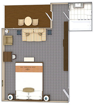 Floor plan of Bay View Rooms 121 & 221 at Bar Harbor Inn