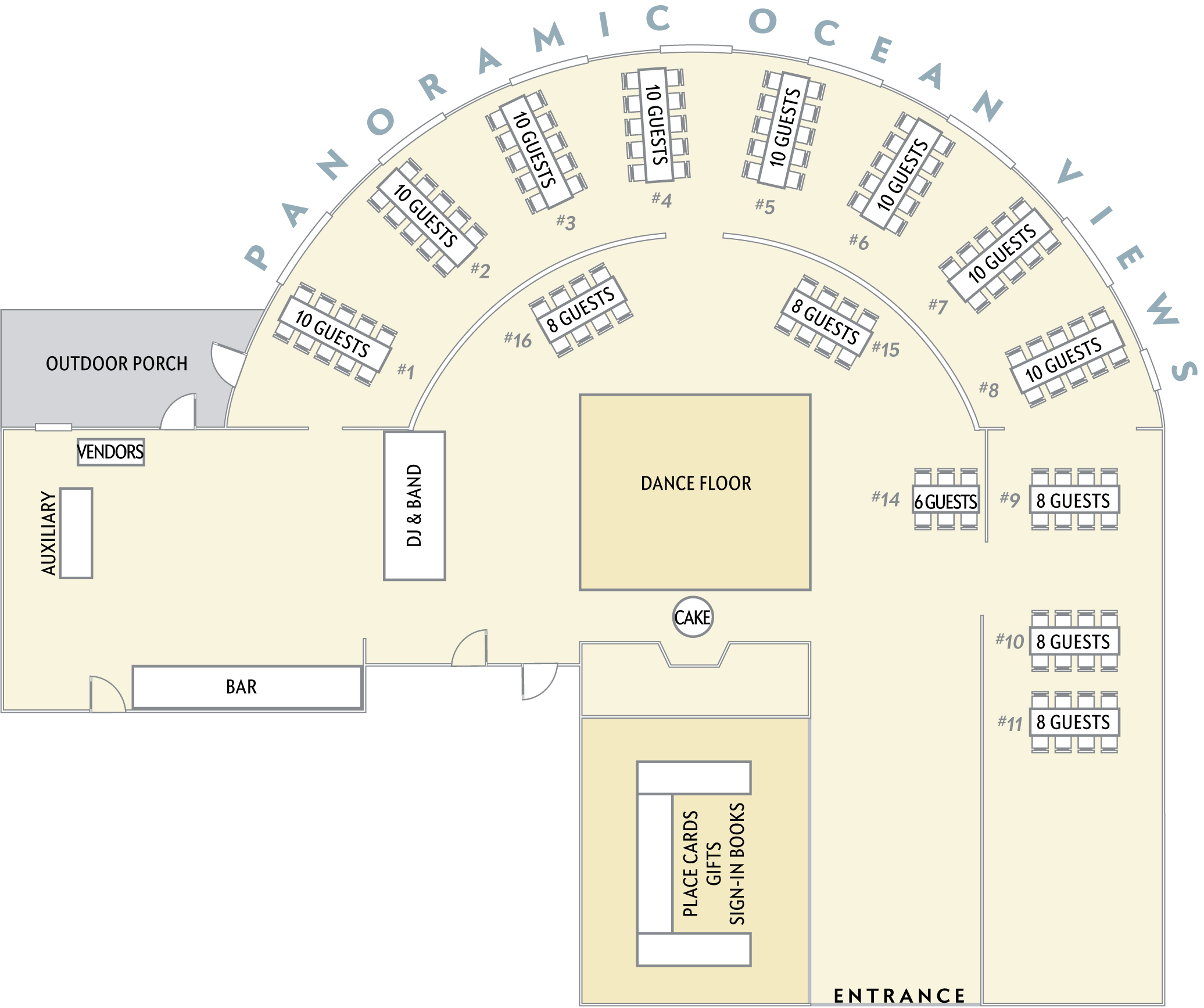 Reading Room floor plan showing the placement of tables for 125 guests.