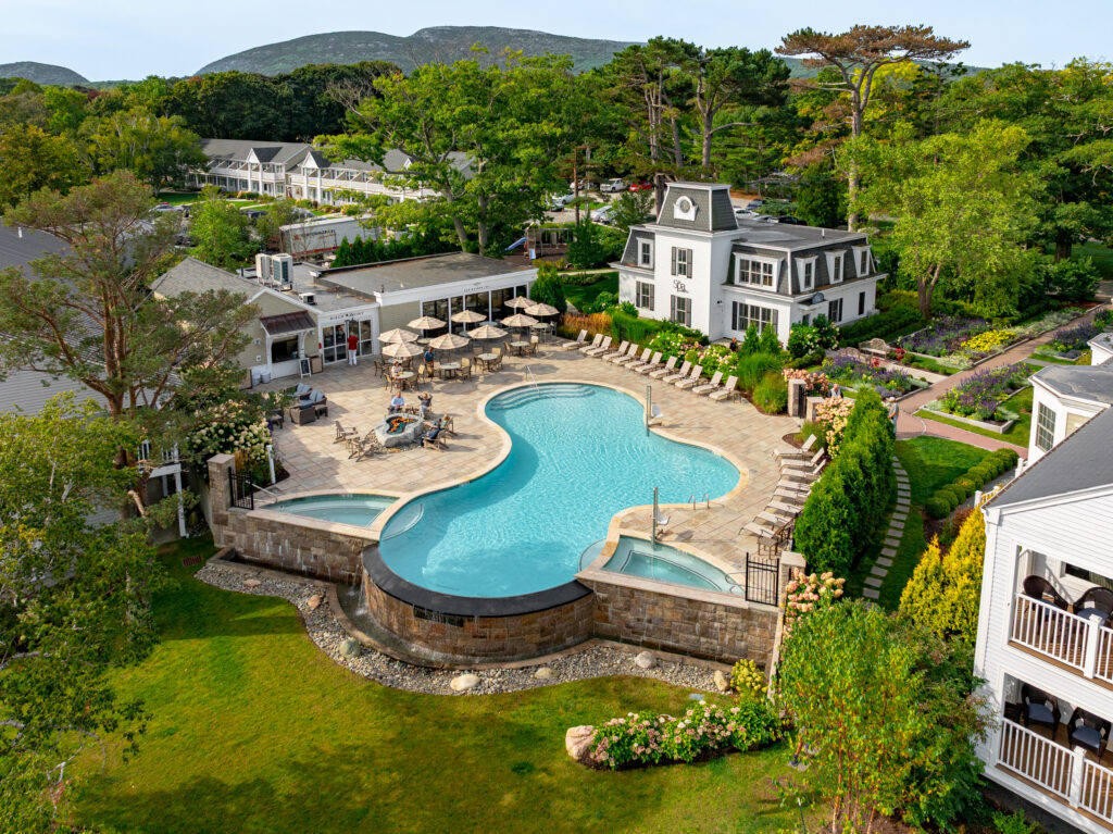 Aerial shot of the pool at the Bar Harbor Inn.